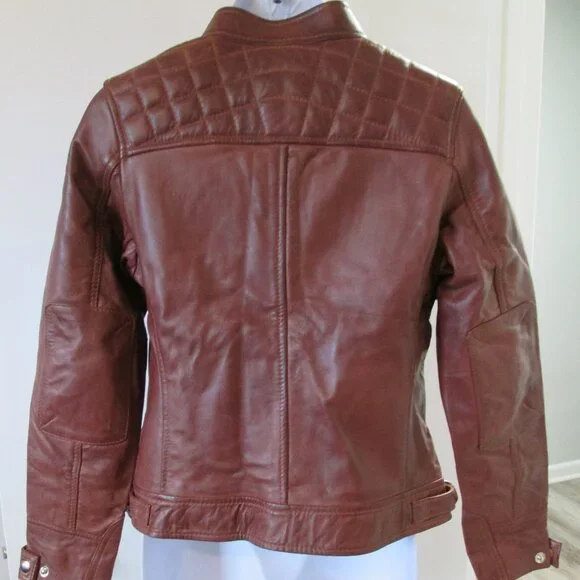 Cognac Leather Biker Style Jacket - Quilted Shoulder Sz XS - Picture 10 of 12